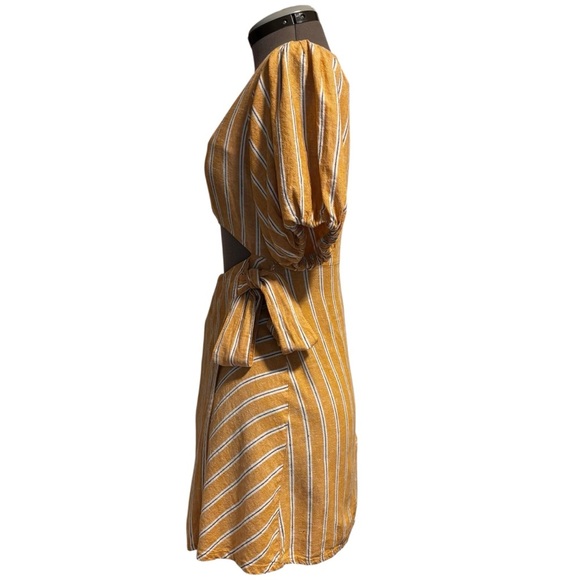 Zara Linen Blend Cutout Puff Sleeve Dress – Mustard Stripe, Size M - Picture 2 of 12